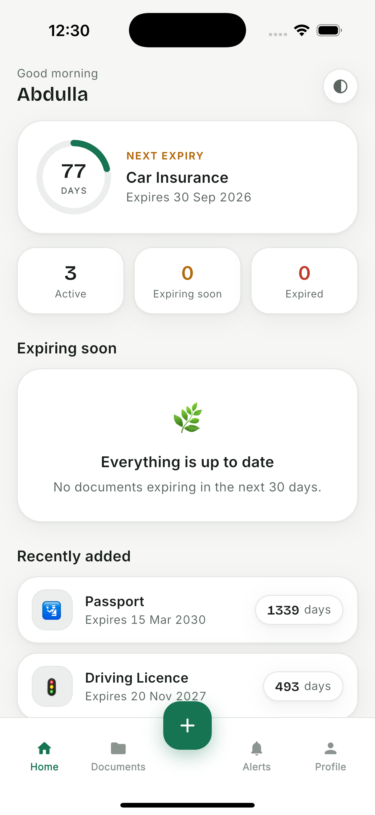 COCO home screen showing the next document to expire and status counts