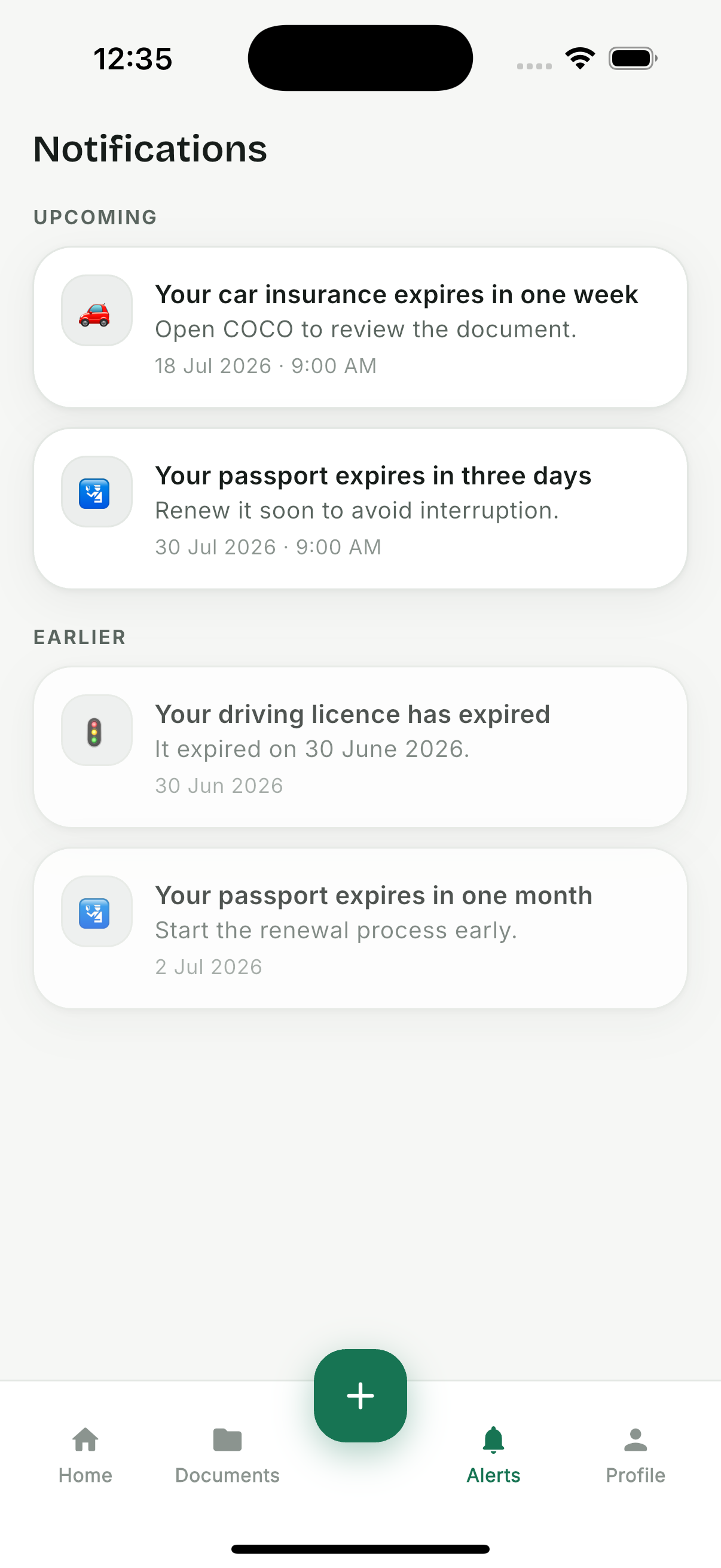 COCO notifications screen listing upcoming and past reminders