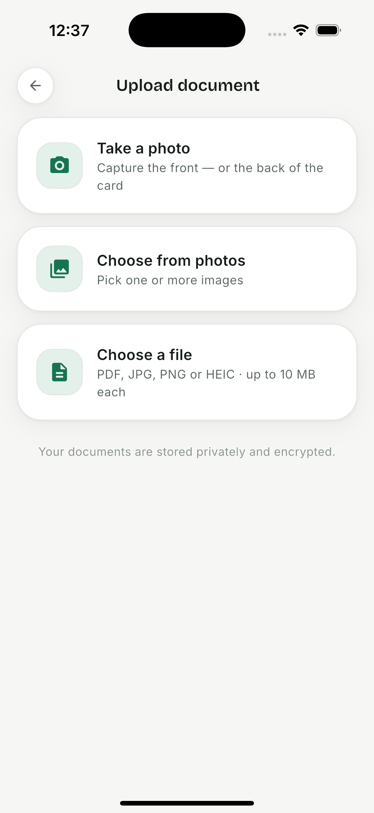 COCO upload screen with take-photo, choose-from-photos and choose-a-file options